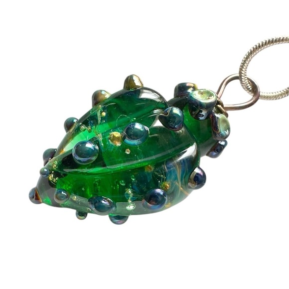 Hand Blown Glass Pendant Necklace Green Multi Teardrop Applied Dots Artsy - Picture 4 of 6